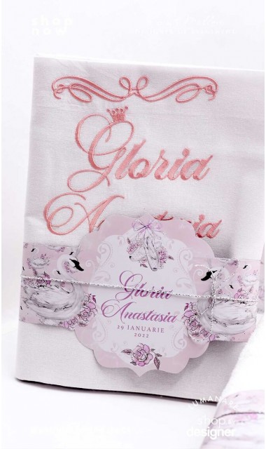 Trusou de botez cu lebede si motive florale personalizat pentru fete, Lebada alba 9